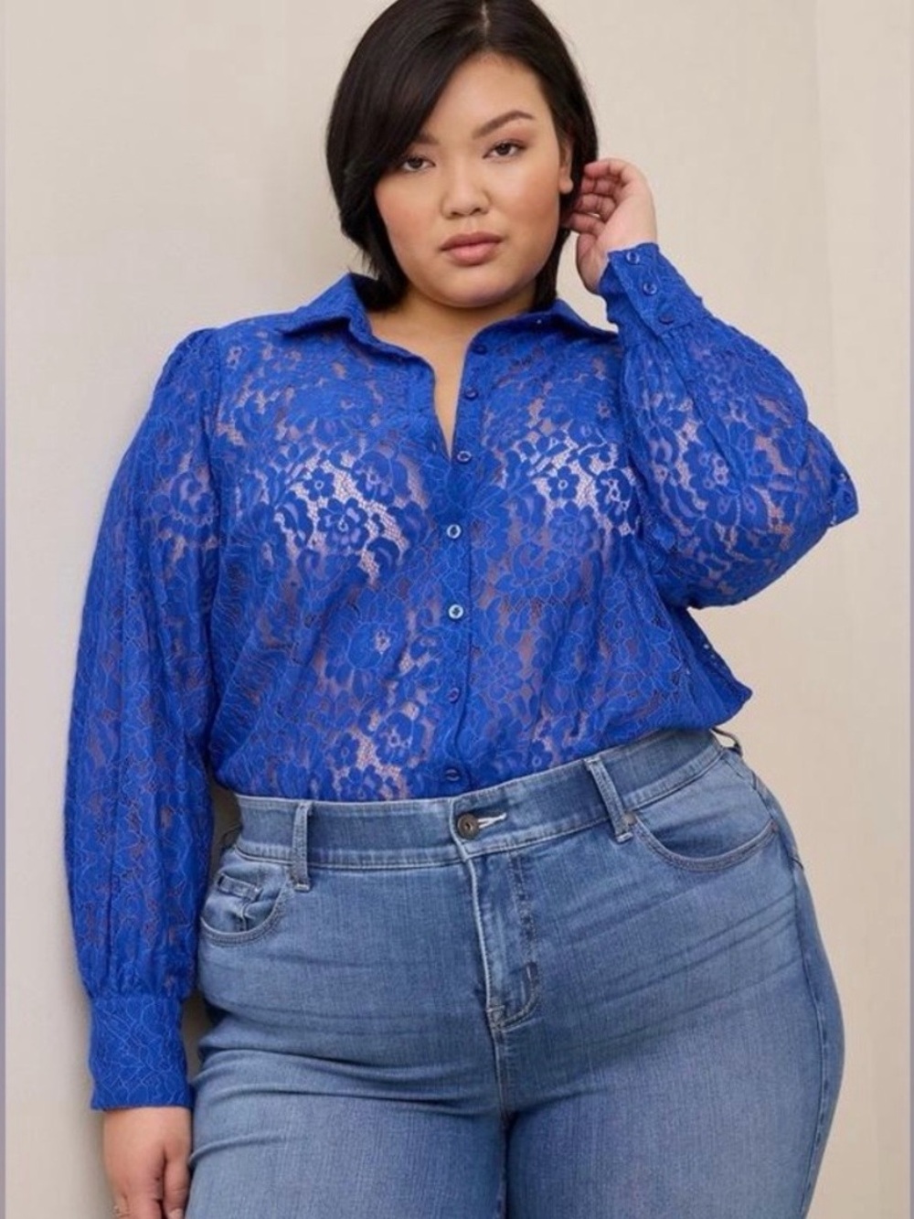 Torrid Blue Madison Lace Floral Button Up Blouse Shirt Size 5/5X